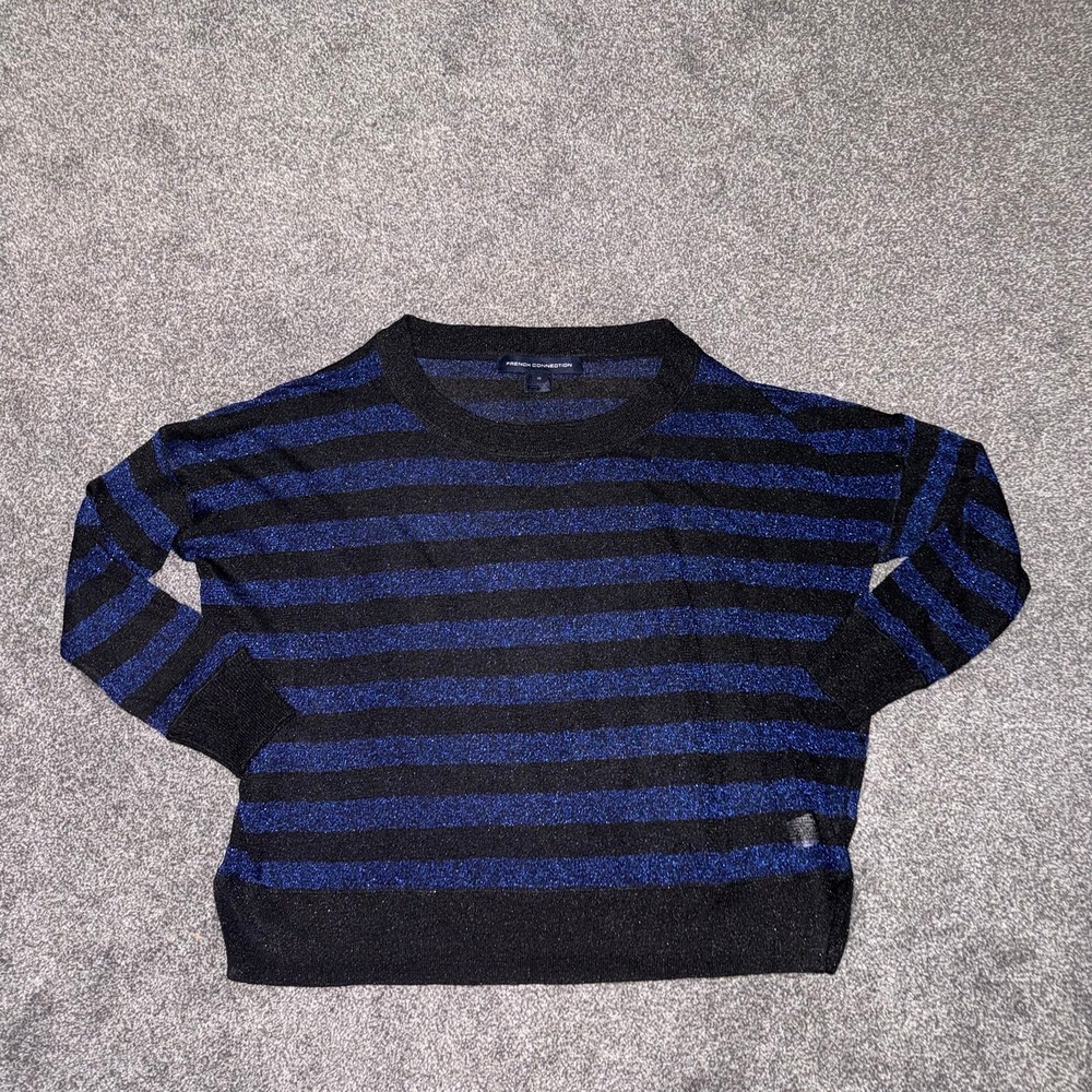 French Connection Women's Black & Blue Striped Sweater w/ Metallic Glitter - XS